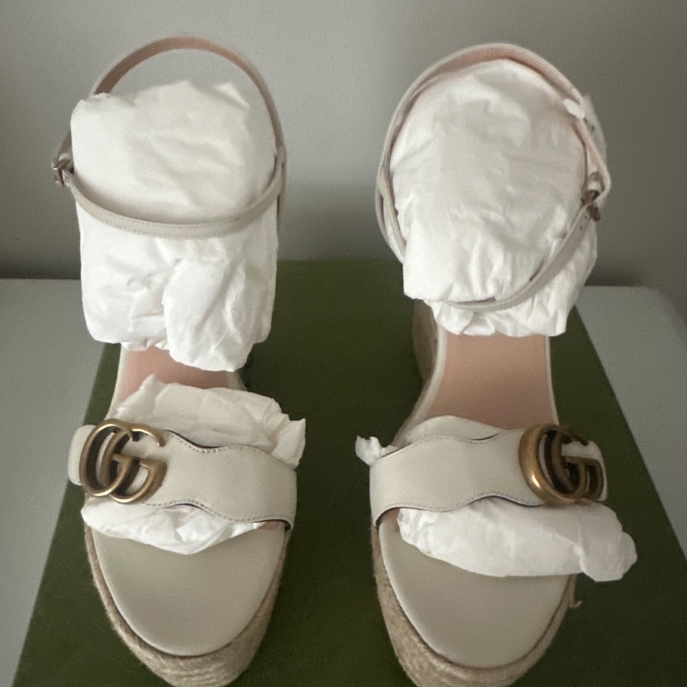 GUCCI Lifford Calfskin Aitana Espadrille Platform 130mm Wedges 42 Mystic White - Picture 6 of 8